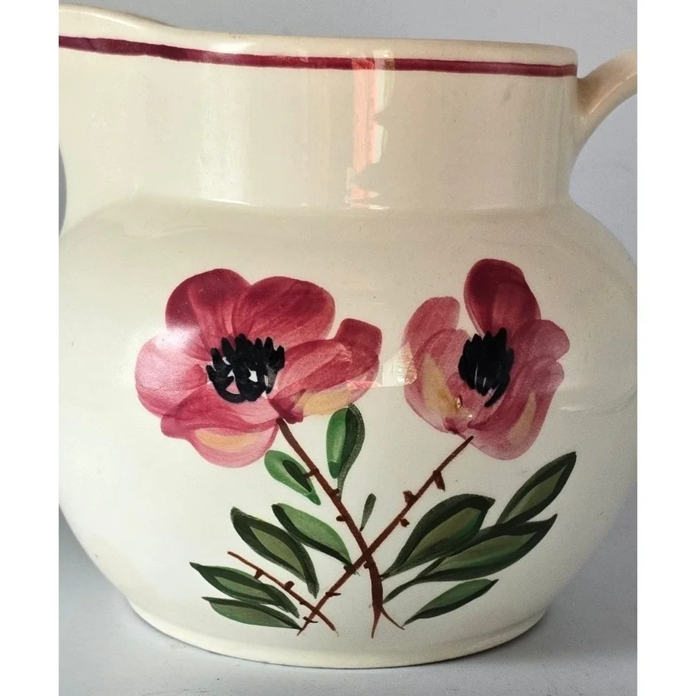 Vintage Ceramic Hand Painted Pink Poppys Pitcher Farmhouse Decor Floral Rustic